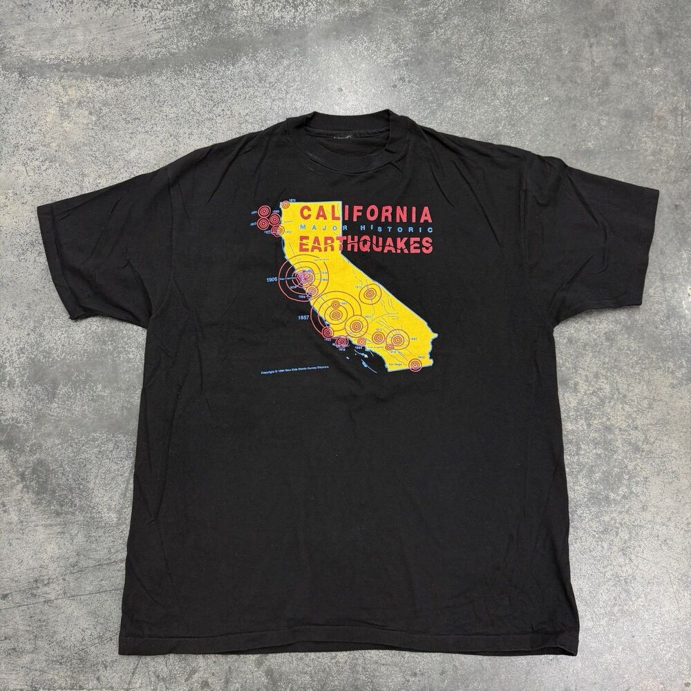 Vtg California Major Historic Earthquakes T-Shirt Mens XL Black 1994